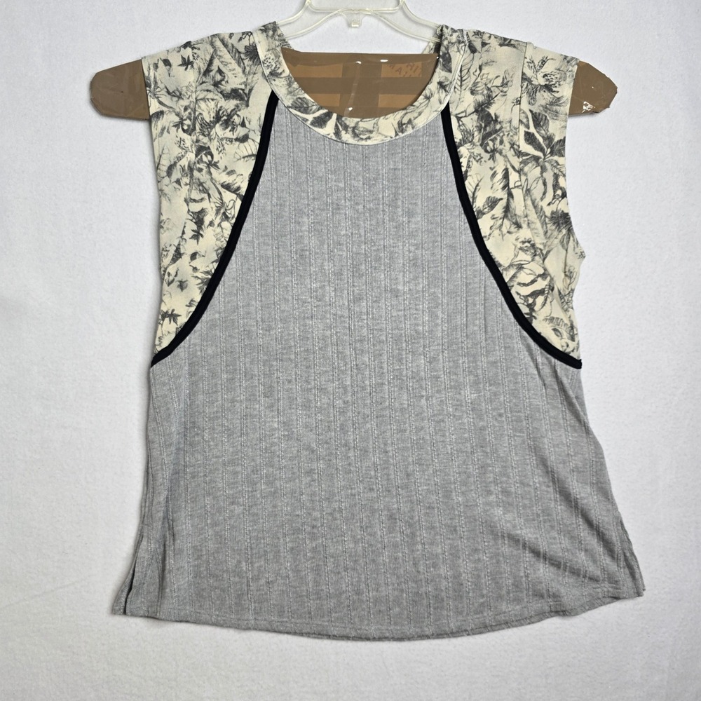 Ces Femme Sleeveless Floral Print Top Women‎ L Gray Ribbed Blend boho boutique